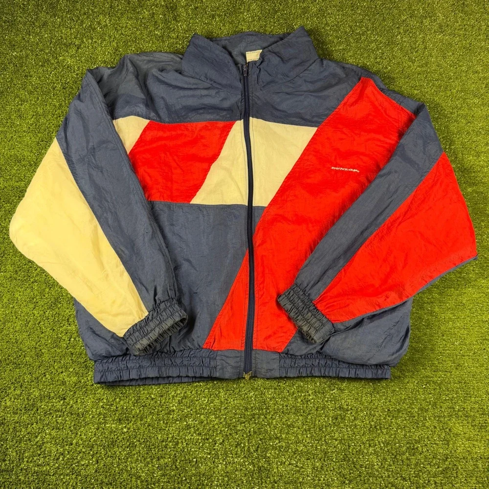 Dunlop Vintage Windbreaker Jacket Mens XL Navy Blue Red Colorblock Full Zip 90s